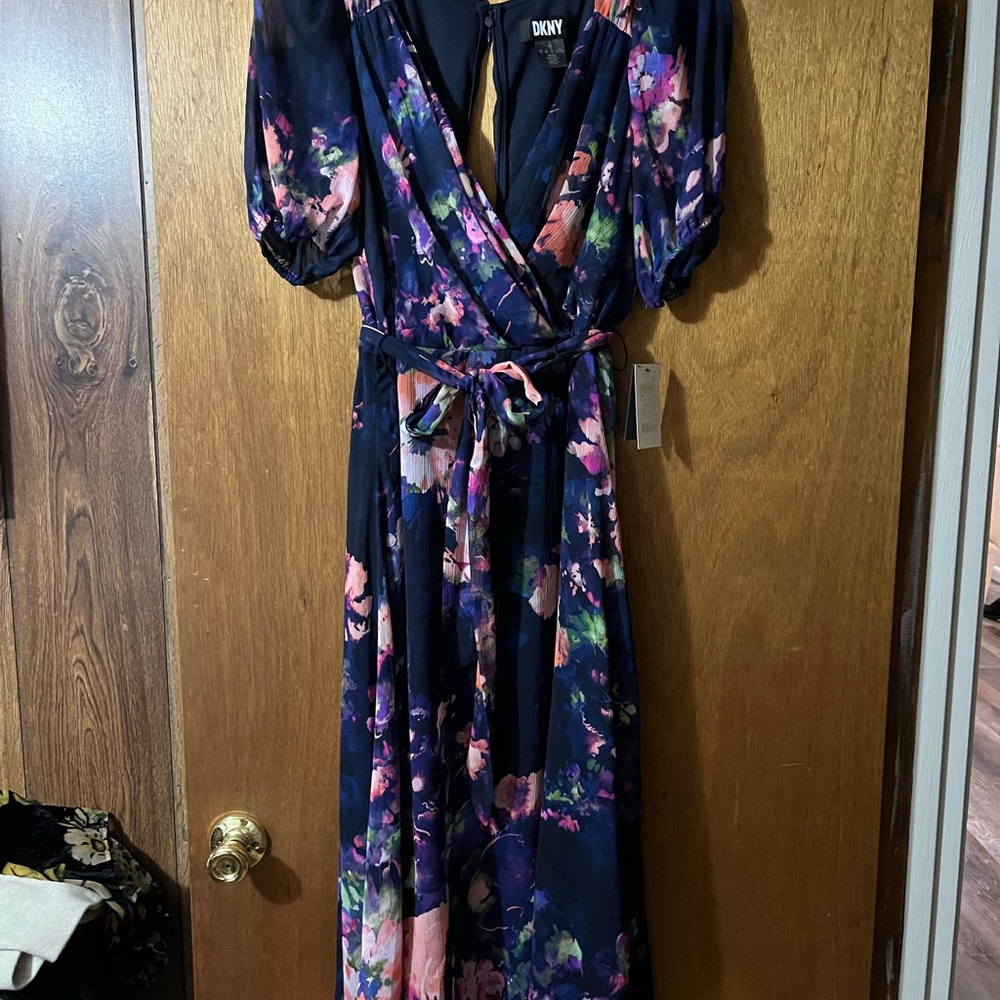 DKNY Women's Floral Faux Wrap Dress - Navy
